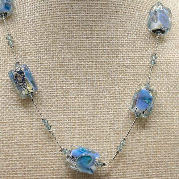 Alexis K Blue Dichroic Glass Necklace Beaded Sliver Tone - Picture 1 of 6